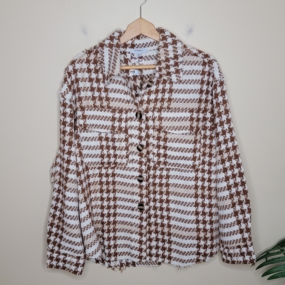 Polagram Brown & Ivory Houndstooth Button Front Shirt Jacket Shacket Size Medium